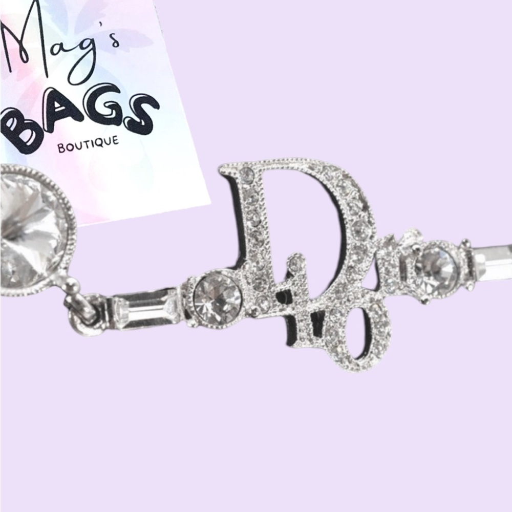 Dior: Crystal Logo Bar Rhinestone Silver Necklace - Picture 7 of 16